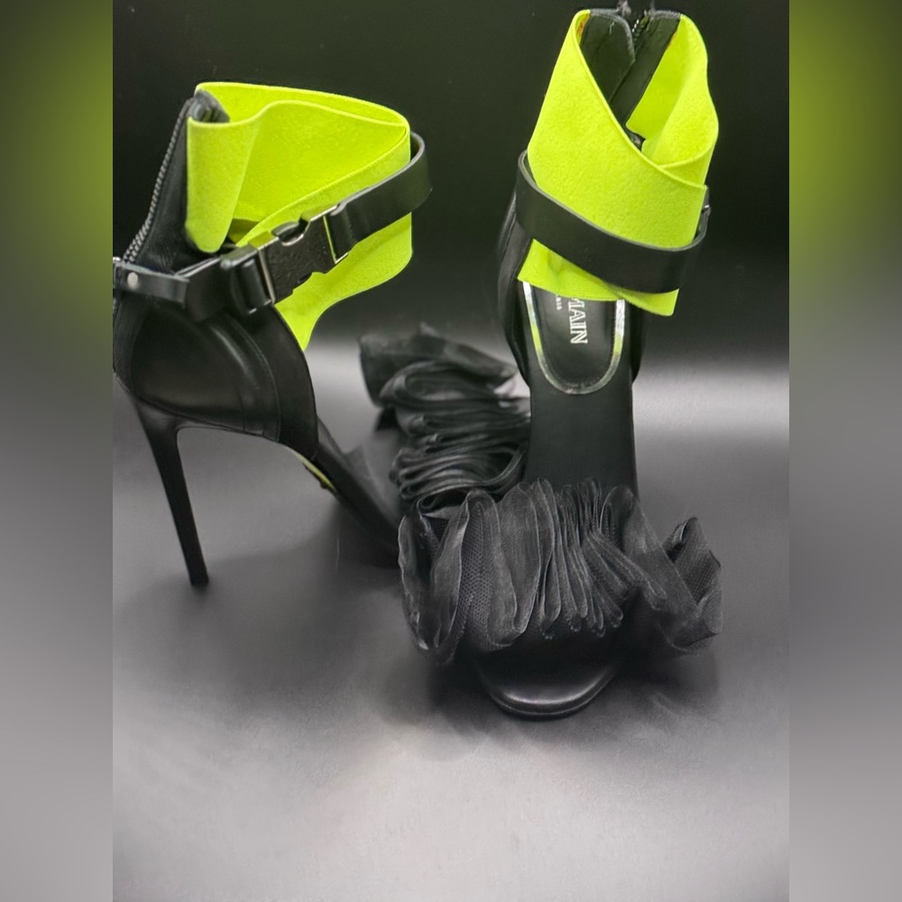 Balmain Runway Heels Size 38 Neon Strap Black Tulle Ruffle Sandals